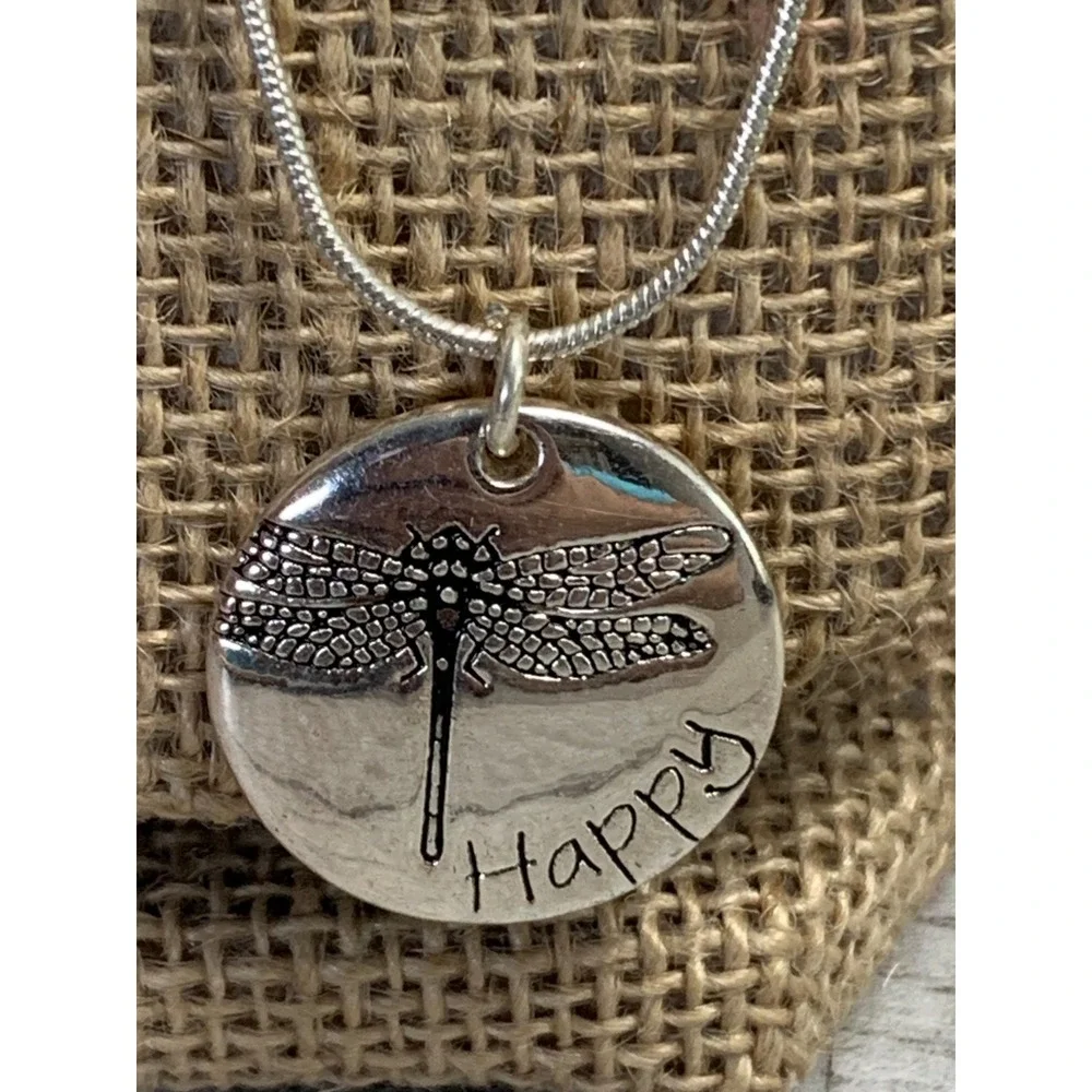 Dragonfly Happy Disc Pendant Necklace Silver Tone Snake Chain 20 Inch Adjustable
